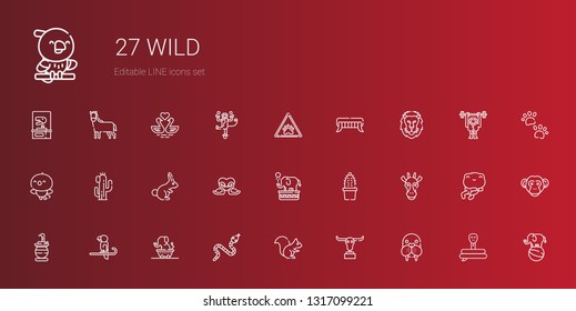 wild icons set. Collection of wild with walrus, buffalo, squirrel, snake, elephant, parrot, giraffe, cactus, swans, rabbit, bird, lion, fangs. Editable and scalable wild icons.