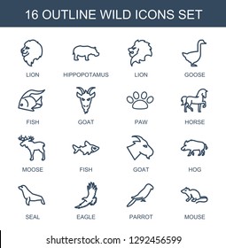 wild icons. Trendy 16 wild icons. Contain icons such as lion, hippopotamus, goose, fish, goat, paw, horse, moose, hog, seal, eagle, parrot, mouse. wild icon for web and mobile.