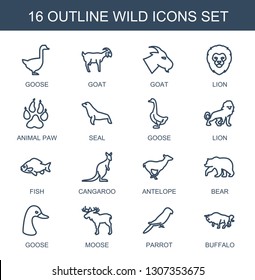 wild icons. Trendy 16 wild icons. Contain icons such as goose, goat, lion, animal paw, seal, fish, cangaroo, antelope, bear, moose, parrot, buffalo. wild icon for web and mobile.