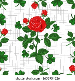 
Wild Irish Rose. St. Patrick's  seamless pattern. Red rose on a stem with buds and leaves of clover on a white background. Vector  texture.
