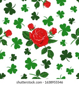 
Wild Irish Rose. St. Patrick's  seamless pattern. Red rose  with buds and leaves of clover on a white background. Vector  texture.
