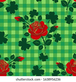 
Wild Irish Rose. St  Patrick's  seamless pattern. Red rose  with buds and leaves of clover on a checkered background. Vector  texture.
