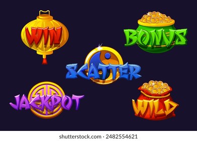 Wild, jackpot, ganar, bonificación, y scatter iconos para las tragamonedas de China. Iconos de estilo chino para Juegos 2D y casino o tragamonedas.