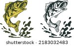 Wild jumping peacock bass fish with water splash illustration. for fishing club, fisherman t-shirt, madbite, fishing life, outdoors, river, sea