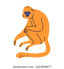 Wild jungle animal. Gibbon with cute muzzle sitting, orange primate rest. Tropical forest habitant rainforest monkey, mammal with long tail. Flat isolated vector illustration on white background