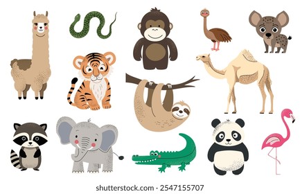 Animais selvagens da selva. Elefante africano, tigre, lama, preguiça, crocodilo, hiena, guaxinim. Animais safári postos.