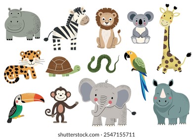 Animales salvajes de la selva. Cebra africana, leopardo, elefante, jirafa, hipopótamo, rinoceronte, tucán. Animales de safari dibujados a mano.