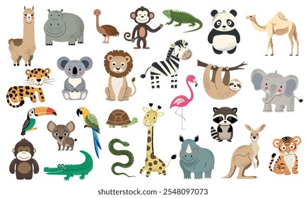 Animales salvajes de la selva. Cebra africana, leopardo, elefante, tigre, koala, león. Conjunto de animales de safari dibujados a mano.