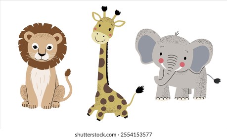 Wild jungle animals. Giraffe, lion, elephant. Hand drawn safari set.