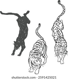 Wild jungle animals hand-drawn ink sketch, tattoo design, black ink illustrations