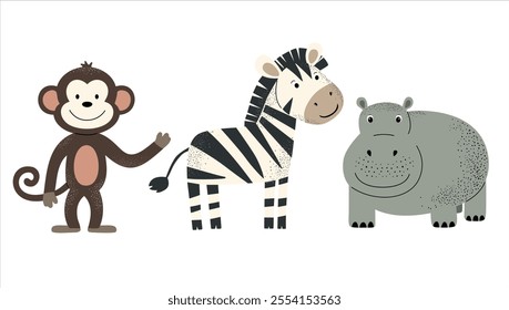 Wild jungle animals. Monkey, zebra, hippopotamus. Hand drawn safari set.