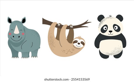 Wild jungle animals. Panda, sloth, rhinoceros. Hand drawn safari set.