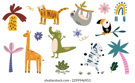 Animales salvajes de la jungla. Colección para niños con dibujos animados Animales divertidos, jirafa, tigre, pereza, tocan, cebra, cocodrilo y flores tropicales. Para imprimir en tela, postales. Ilustración del vector