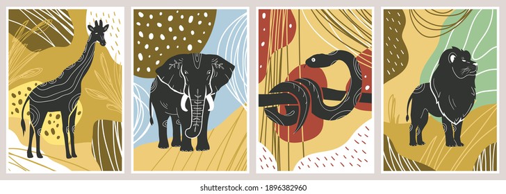 Wild jungle animals such as snake, giraffe, elephant and lion abstract poster set. Set of print templates. Animals with floral ornament and geometrical shapes on back. Vectror illustrations