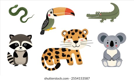 Wild jungle animals. Toucan, raccoon, leopard, crocodile, koala, snake. Hand drawn safari set.