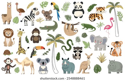 Animales salvajes de la selva y hojas tropicales. Cebra africana, jirafa, león, koala, flamenco. Conjunto de safari dibujado a mano.