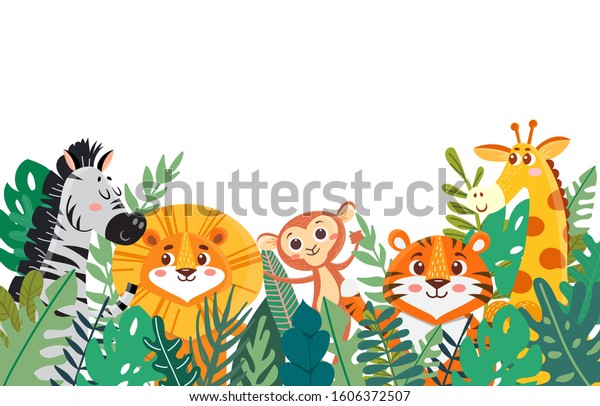 熱帯の葉の中の野生のジャングルの動物 葉は虎と獅子 ゼブラとキリン 猿と縁取りになる カートーンのベクターイラスト バナー のベクター画像素材 ロイヤリティフリー 1606372507