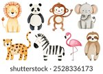 Wild jungle animals. Watercolor african zebra, elephant, panda, monkey, lion. Hand drawn safari animals set.