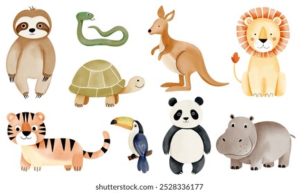 Wild jungle animals. Watercolor african lion, turtle, tiger, sloth, panda. Hand drawn safari animals set.