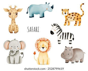 Animais selvagens da selva. Aquarela zebra africana, girafa, elefante, leopardo, leão. Animais de safári puxados à mão.