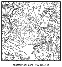 Wild jungle with cockatoo parrot perched on branch black contour line drawing for coloring on a white background