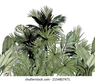 Diseño de jungla salvaje. Hoja de palma, hoja de plátano en el paisaje de la jungla.