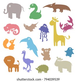 Wild Jungle forest and ocean animals set, cartoon vector silhouettes