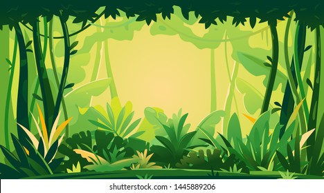 Wild jungle forest with trees, bushes and lianas, nature landscape with green jungle foliage and exotic plants growing on ground, horizontal banner with tropical plants on sunny day