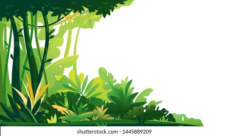 Wild jungle forest with trees, bushes and lianas on white background, decorative composition of jungle plants on one side, dense vegetation of the jungle, beginning of the topical forest