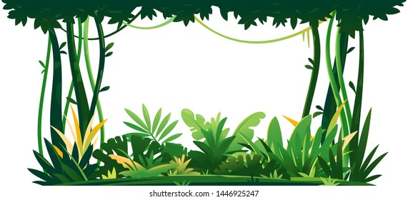 Wild jungle forest with trees, bushes and lianas on white background, decorative composition of jungle plants on one side, dense vegetation of the jungle, topical forest plants