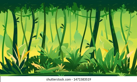 Wild jungle forest with trees, bushes and lianas, nature landscape with green jungle foliage and lianas on tree crowns, danger place with tropical plants