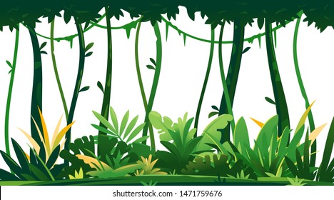 Wild jungle forest with trees, bushes and lianas on white background, decorative composition of jungle plants on one side, dense vegetation of the jungle, topical forest plants template silhouette