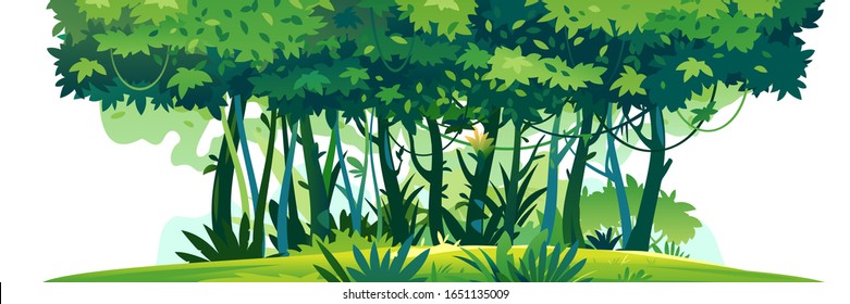 Bosque de selva silvestre con árboles, arbustos y lianas sobre césped verde aislado sobre fondo blanco, composición decorativa de plantas de selva por un lado, densa vegetación de la selva