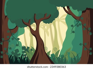 Wild jungle forest with trees, bushes and lianas, nature landscape with green forest leaves and exotic plants growing on the ground, horizontal banner with tropical plants on sunny day
