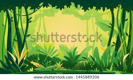Wild jungle forest with trees, bushes and lianas, nature landscape with green jungle foliage and exotic plants growing on ground, horizontal banner with tropical plants on sunny day