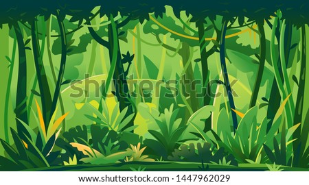 Wild jungle forest with trees, bushes and lianas, nature landscape with green jungle foliage and exotic plants growing on ground, horizontal banner with tropical plants on sunny day