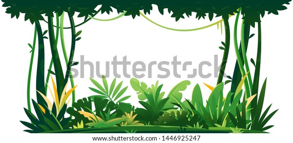 Wild\
jungle forest with trees, bushes and lianas on white background,\
decorative composition of jungle plants on one side, dense\
vegetation of the jungle, topical forest\
plants