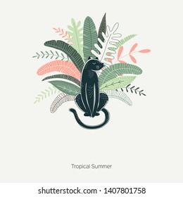 Wild jungle hand drawn vector illustration. Puma, panther isolated design element with lettering. Flora and fauna. Rainforest leaves. Exotic plants. Travel postcard, t shirt print design