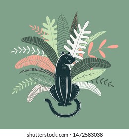 Wild jungle hand drawn vector illustration. Puma, panther design element on green background. Flora and fauna. Rainforest leaves. Exotic plants. Travel postcard, t shirt print design