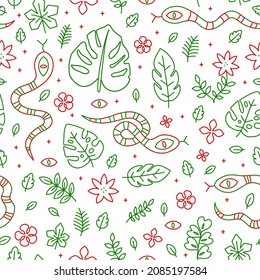 Wild jungle snakes and floral exotic tropical leafs seamless pattern.Vector cartoon doodle line outline character illustration design.Snake,nature,plants,floral,wild flower seamless pattern concept