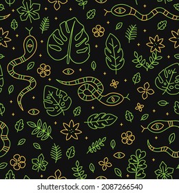 Wild jungle snakes and floral exotic tropical leafs seamless pattern.Vector cartoon doodle line outline character illustration design.Snake,nature,plants,floral,wild flower seamless pattern concept
