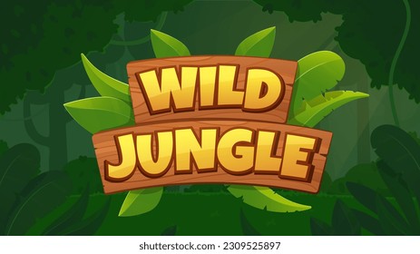 Wild jungle text concept. Plate with inscription against backdrop of tropical and exotic foliage. African safari and flora. Pioster or banner for website. Cartoon flat vector illustration