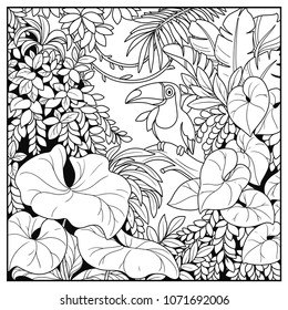 Wild jungle with toucan bird sitting on a log black contour line drawing for coloring on a white background