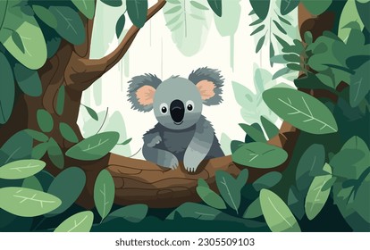 Wild koala in the eucalyptus forest. Mammals wildlife in natural habitat. Flat vector illustration concept