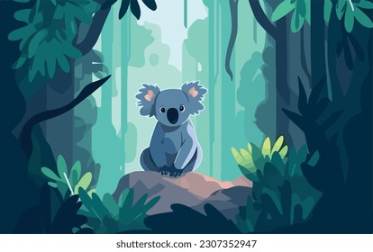 Wild koala in the eucalyptus forest. Mammals wildlife in natural habitat. Flat vector illustration concept