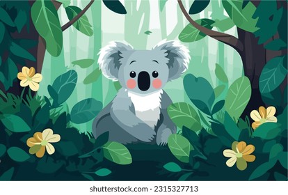 Wild koala in the eucalyptus forest. Mammals wildlife in natural habitat. Flat vector illustration concept