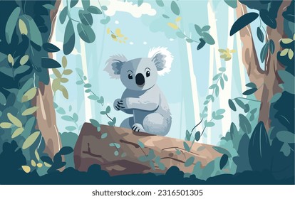 Wilde Koala im Eukalyptuswald. Säugetiere wild leben in natürlichen Lebensräumen. Flaches Vektorgrafik-Konzept