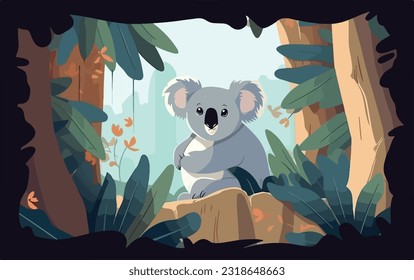 Wilde Koala im Eukalyptuswald. Säugetiere wild leben in natürlichen Lebensräumen. Flaches Vektorgrafik-Konzept