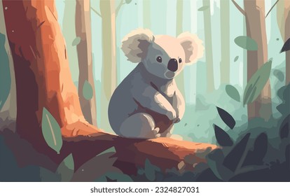 Wilde Koala im Eukalyptuswald. Säugetiere wild leben in natürlichen Lebensräumen. Flaches Vektorgrafik-Konzept