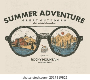 Wild lake vector artwork design. Wooden  sunglasses with mountain print design. Colorado national park artwork. Mountain adventure vintage print design for t shirt. 